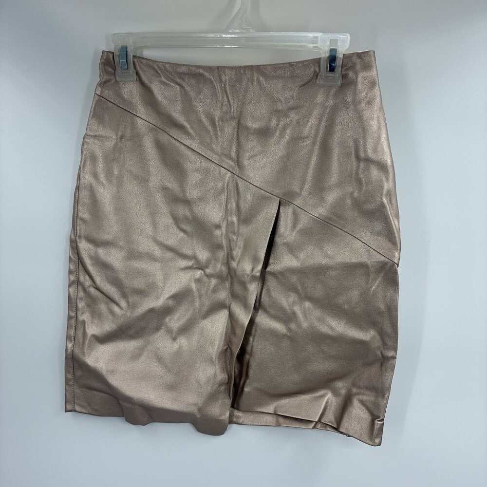 Bar III Women's S Champagne Metallic Faux Leather Asymmetrical Slit Mini Skirt